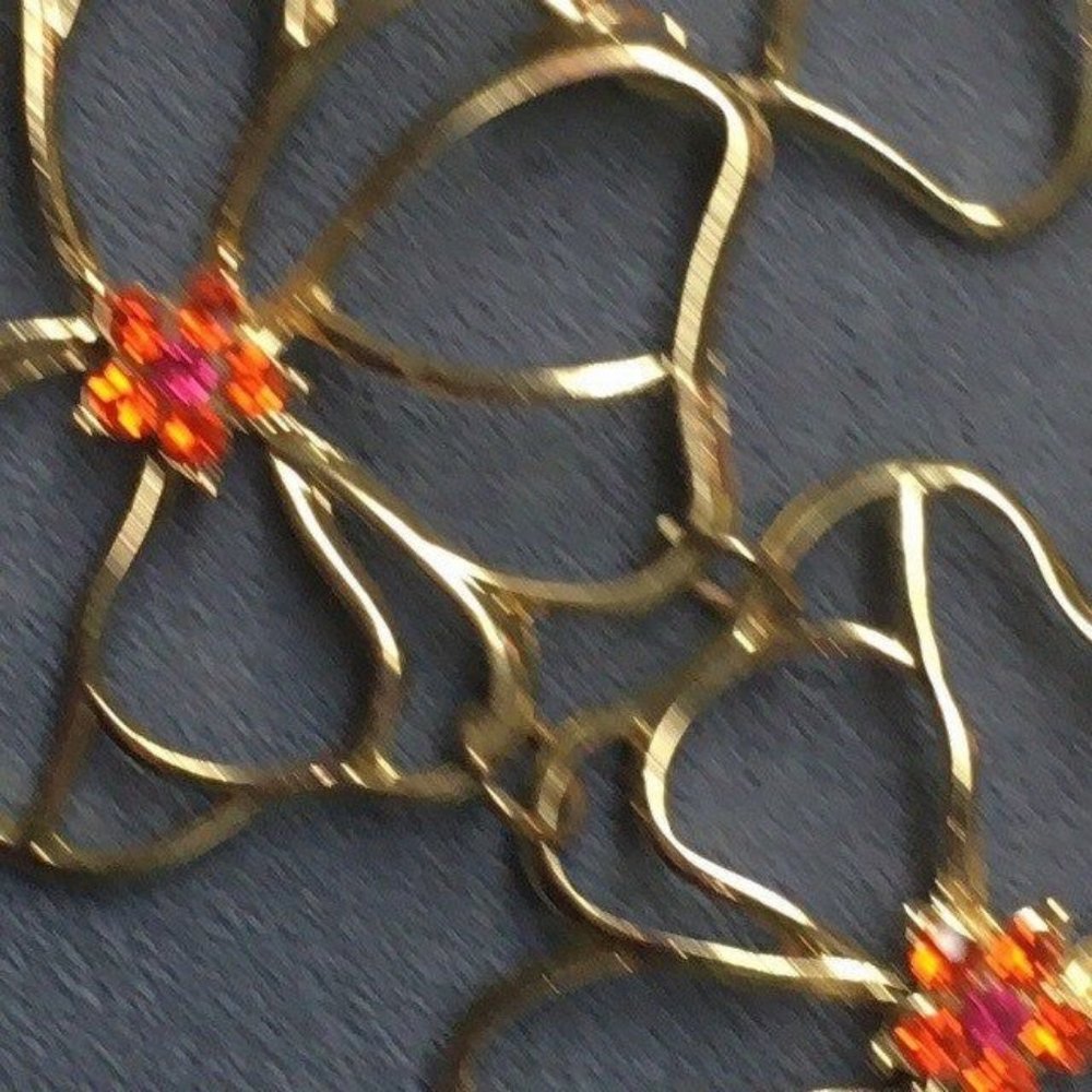 Flowers Bib Statement Necklace Orange Rhinestone Gold Chain Wire Detailed Retro - Picture 3 of 9